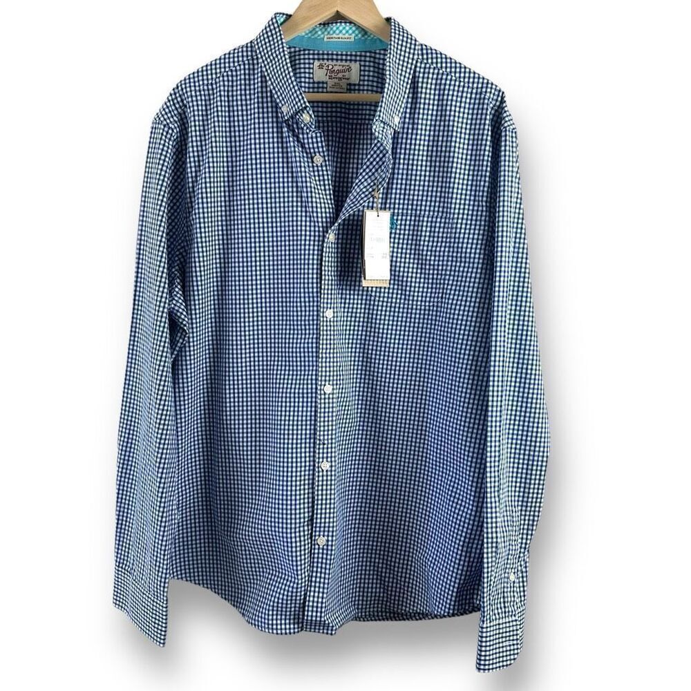 Penguin Men's XXL Heritage Slim Fit Dress Shirt Blue White Gingham Checkered New
